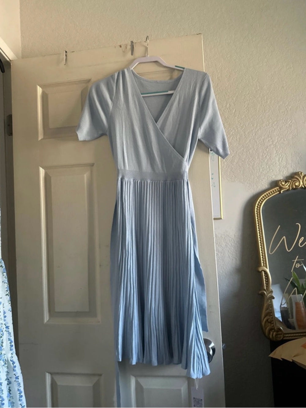 Light Blue Pleated Wrap-Front Midi Dress